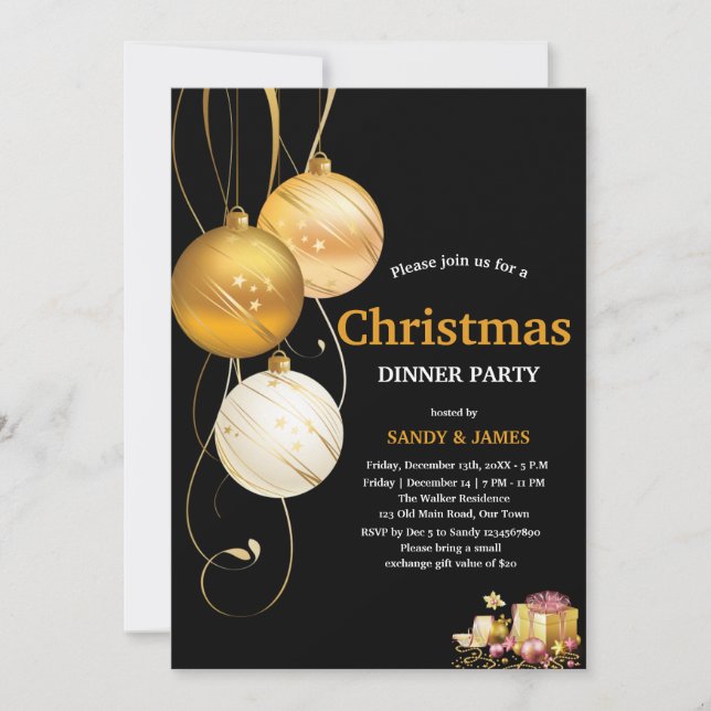 Invitation christmas dinner party black and gold baubles  (Devant)