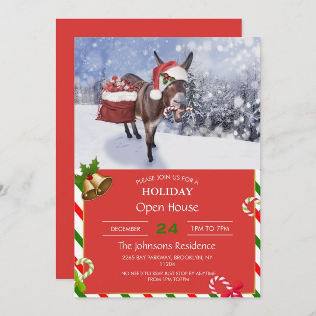Invitation Christmas donkey with funny (Devant / Derrière)