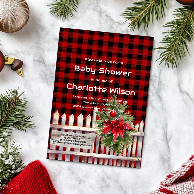 Invitation Christmas Fence Buffalo Plaid Baby Shower (Créateur téléchargé)