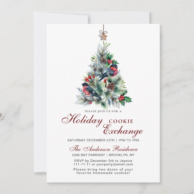 Invitation Christmas Folid Red Bird Holiday Cookie Exchange (Devant)