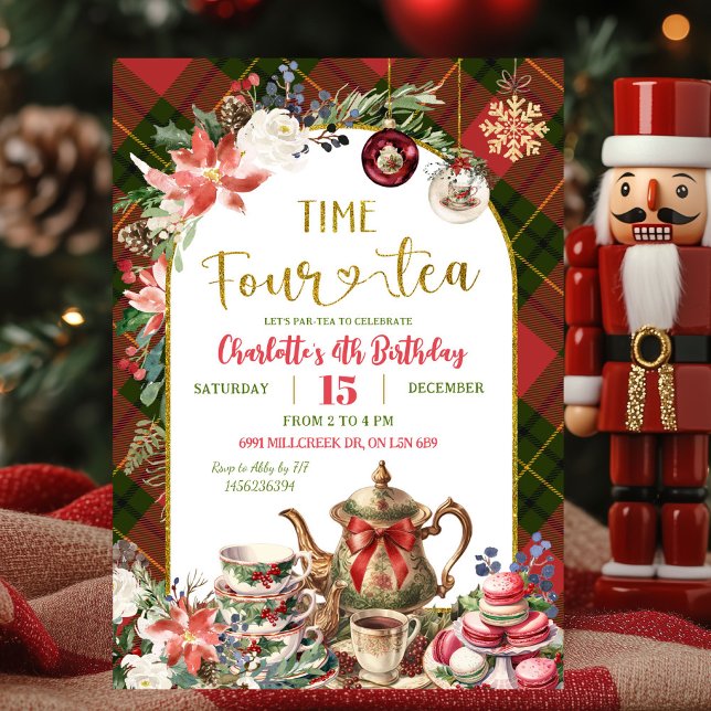 Invitation Christmas Gingham Time Four Tea 4th Birthday (Créateur téléchargé)