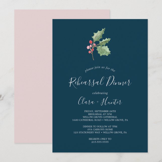 Invitation Christmas Greenery & Berry | Dîner de répétition d (Devant / Derrière)