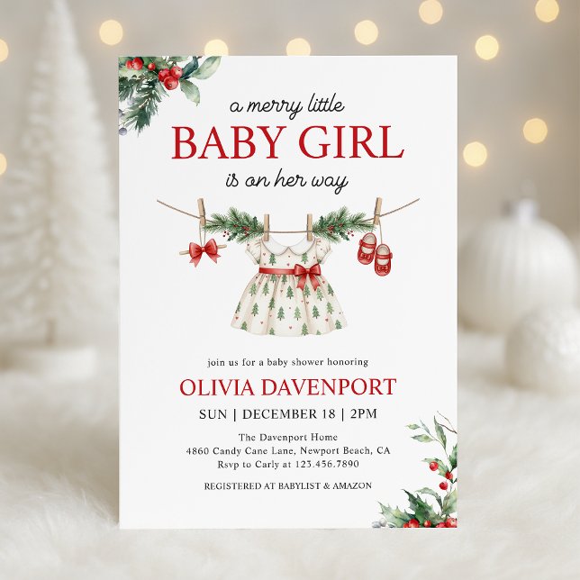 Invitation Christmas Greenery Merry Little Girl Baby Shower (Créateur téléchargé)