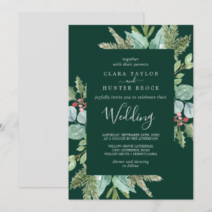 Invitation Christmas Greenery & Red Berry   Mariage vert