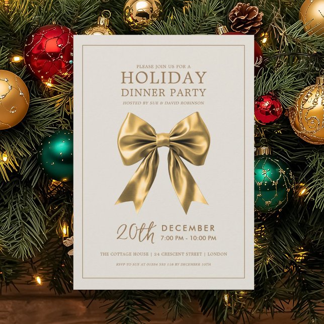 Invitation Christmas Holiday Dinner Party Gold Satin Bow (Christmas Holiday Dinner Party Gold Satin Bow Invitation)