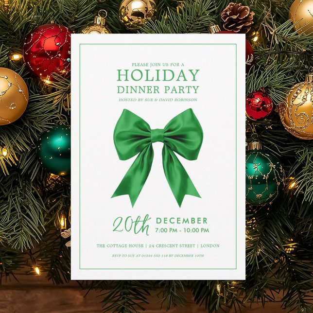 Invitation Christmas Holiday Dinner Party Green Satin Bow (Christmas Holiday Dinner Party Green Satin Bow Invitation)