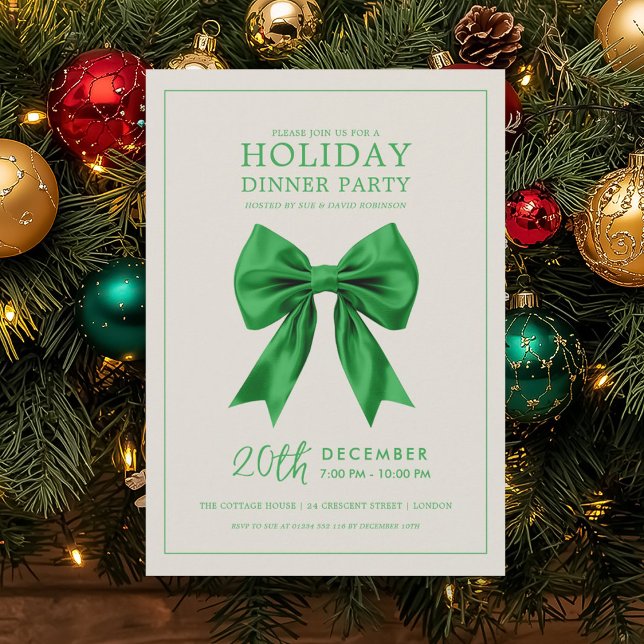 Invitation Christmas Holiday Dinner Party Green Satin Bow (Christmas Holiday Dinner Party Green Satin Bow Invitation)