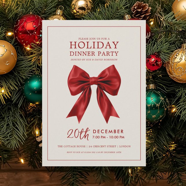 Invitation Christmas Holiday Dinner Party Red Satin Bow (Christmas Holiday Dinner Party Red Satin Bow Invitation)