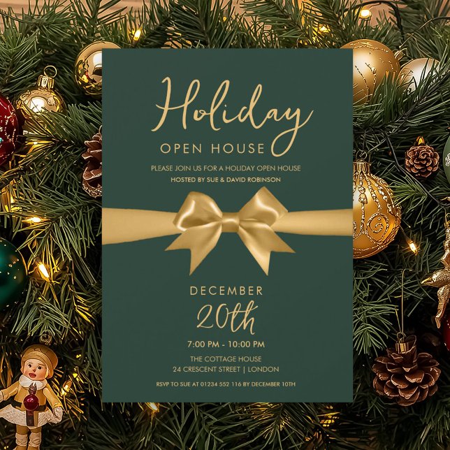 Invitation Christmas Holiday Open House Gold Bow Green  (Christmas Holiday Open House Gold Bow Green Invitation)