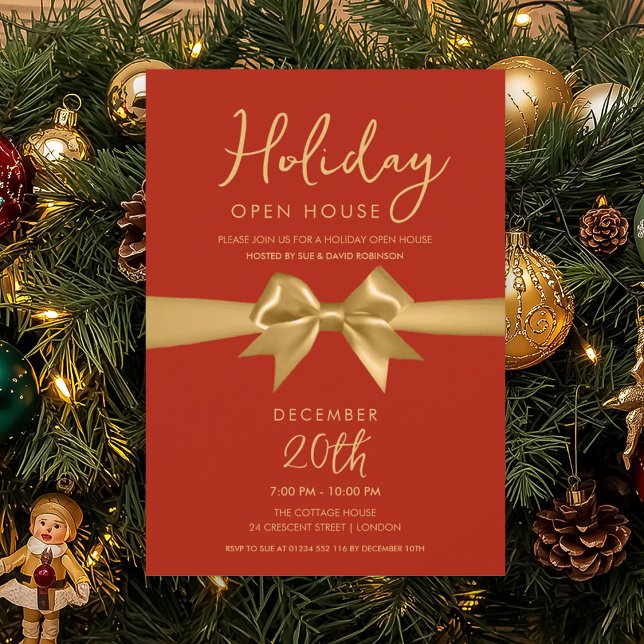 Invitation Christmas Holiday Open House Gold Bow Red  (Christmas Holiday Open House Gold Bow Red Invitation)