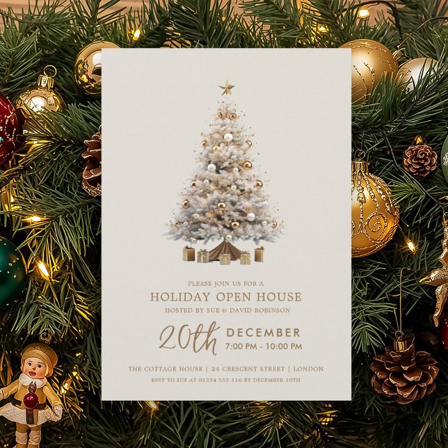 Invitation Christmas Holiday Open House Gold Xmas Tree  (Christmas Holiday Open House Gold Xmas Tree Invitation)
