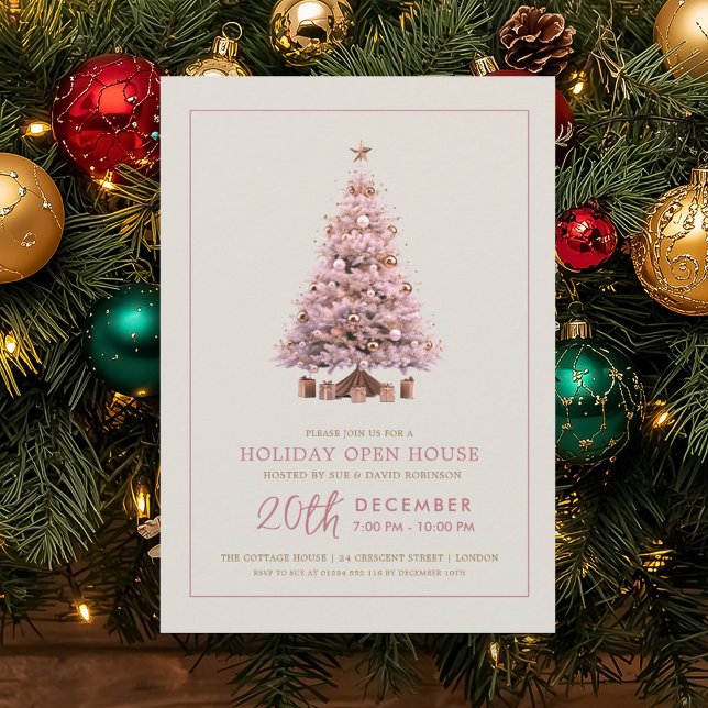 Invitation Christmas Holiday Open House Rose Gold Tree  (Christmas Holiday Open House Rose Gold Tree Invitation)