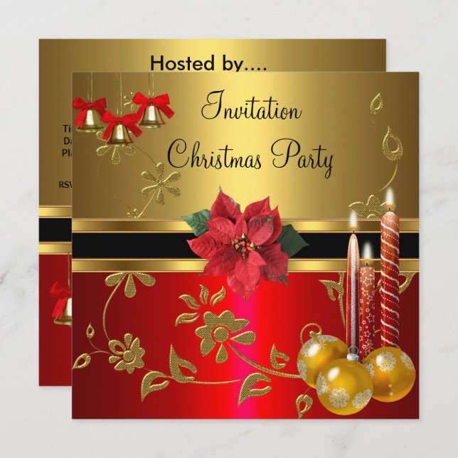 Invitation Christmas Holiday Party Gold  Red Xmas (Front/Back)