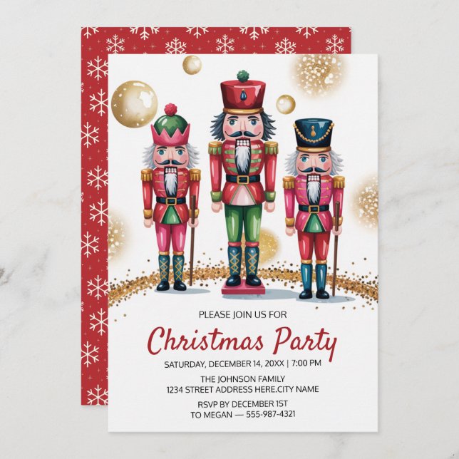 Invitation Christmas Holiday Party Nutcracker Gold Glitter    (Devant / Derrière)