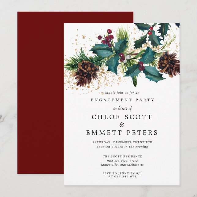 Invitation Christmas Holly et Berries (Devant / Derrière)