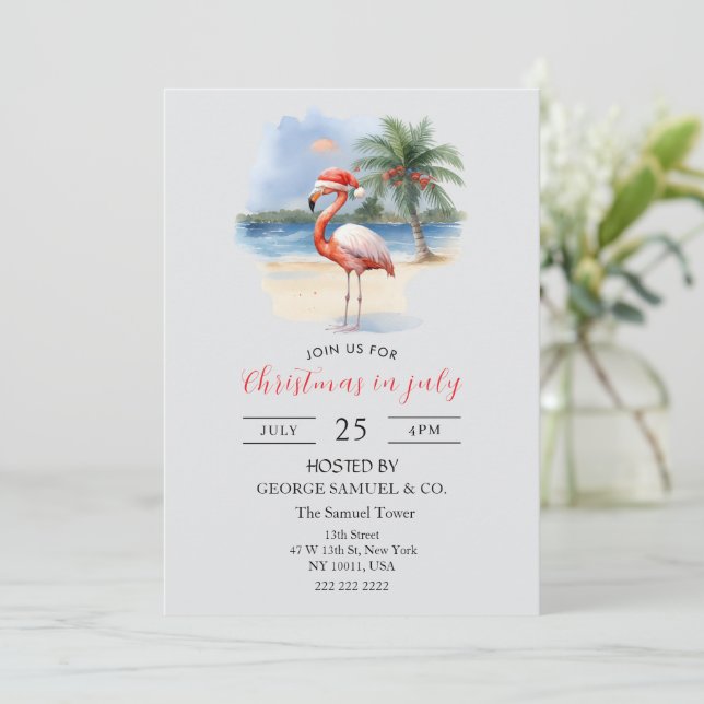 Invitation Christmas in July Custom Company Name Flamingo (Debout devant)