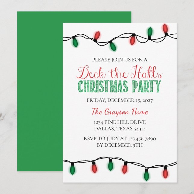 Invitation Christmas Lights Deck the Hall Christmas Party (Devant / Derrière)