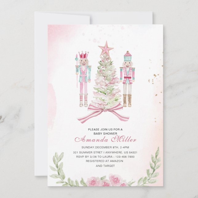 Invitation Christmas Nutcracker Ballet Pink watercolor baby s (Devant)