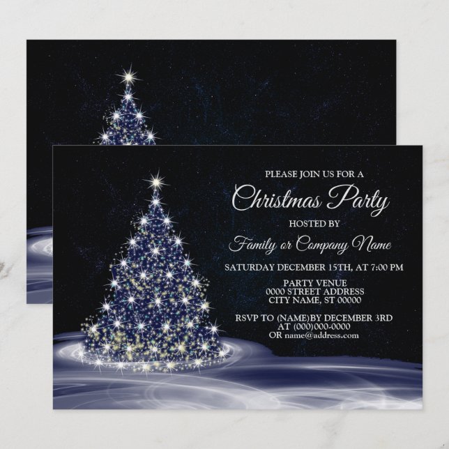 Invitation Christmas Party Blue Shiny Tree Winter Navy (Devant / Derrière)
