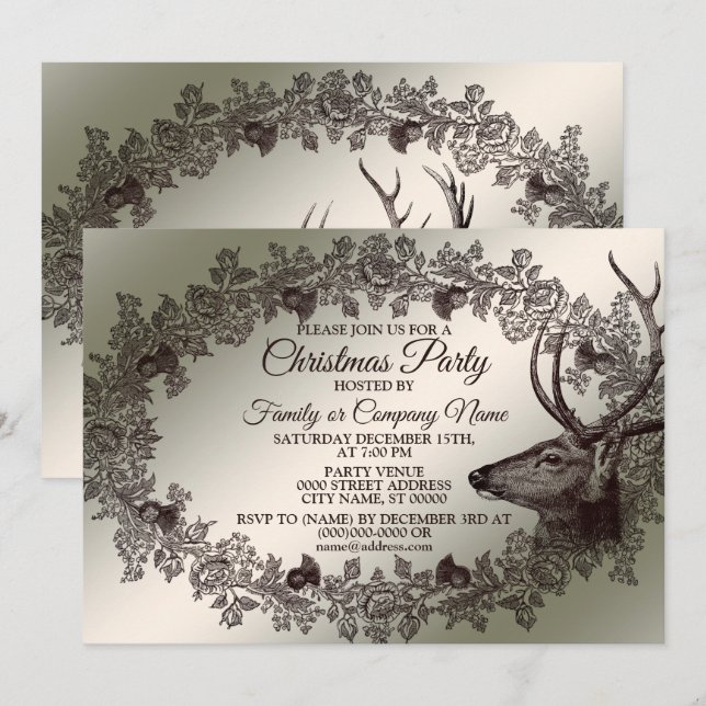 Invitation Christmas Party Floral Reindeer Golden Winter (Devant / Derrière)