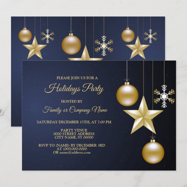 Invitation Christmas Party Golden Ornaments Navy Blue Elegant (Devant / Derrière)