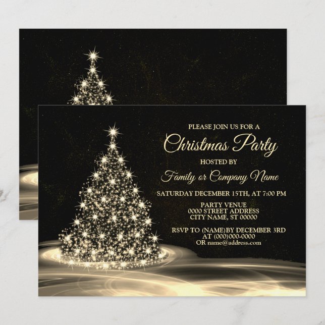 Invitation Christmas Party Golden Shiny Tree Winter Black (Devant / Derrière)