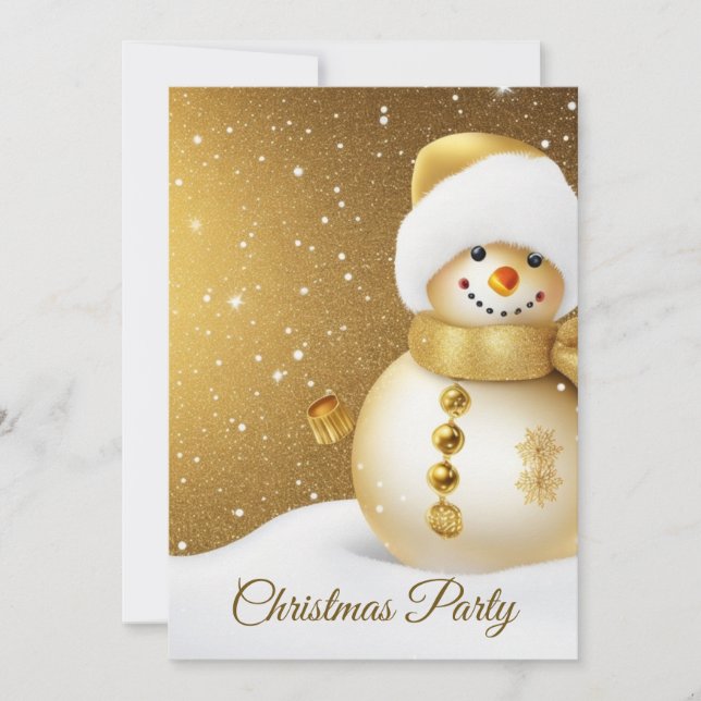 Invitation Christmas Party Golden Snowman Snowflakes Holidays (Devant)