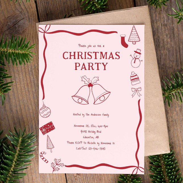 Invitation Christmas Party Hand Drawn Holiday Red Coquette (Créateur téléchargé)
