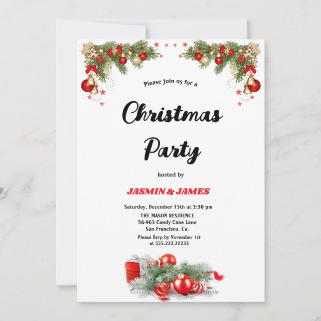 Invitation Christmas party red green baubles invitatio (Devant)