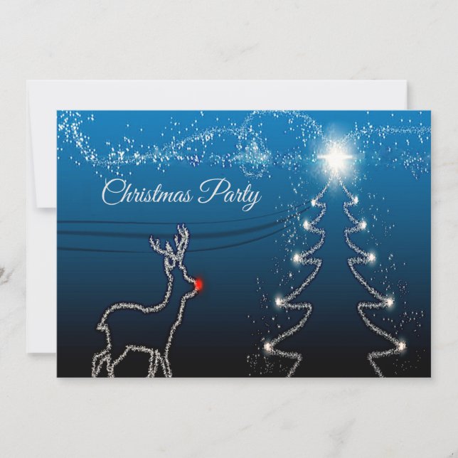 Invitation Christmas Party Reindeer Tree Blue Sky Shiny Stars (Devant)