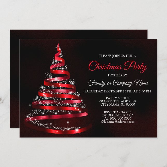 Invitation Christmas Party Shiny Red Ribbon Tree Sparkle (Devant / Derrière)
