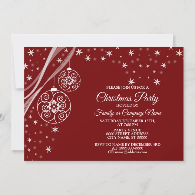 Invitation Christmas Party White Ornaments Stars Red Elegant (Devant)