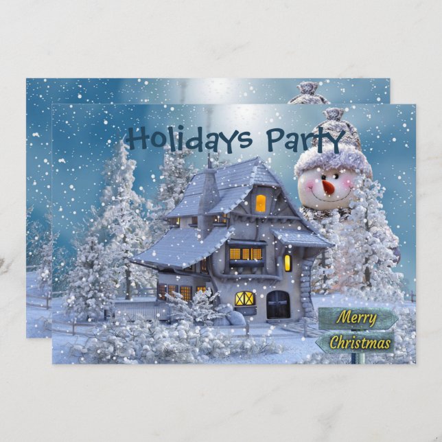 Invitation Christmas Party Winter White Snowman Blue Rustic (Devant / Derrière)