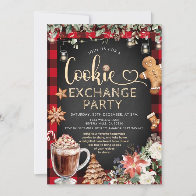 Invitation Christmas Plaid Cookie Cocoa Exchange Party (Devant)