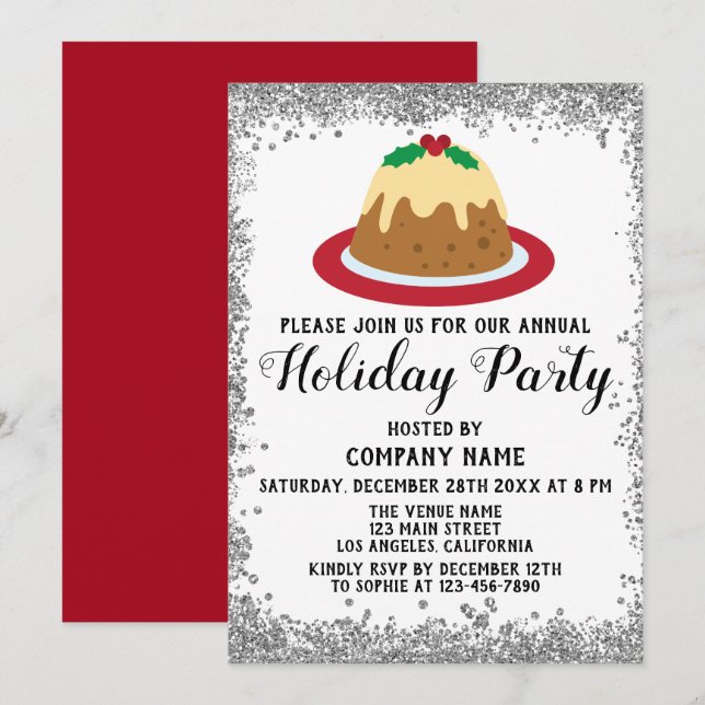 Invitation Christmas Pudding Company Fête de Vacances Rouge A (Devant / Derrière)