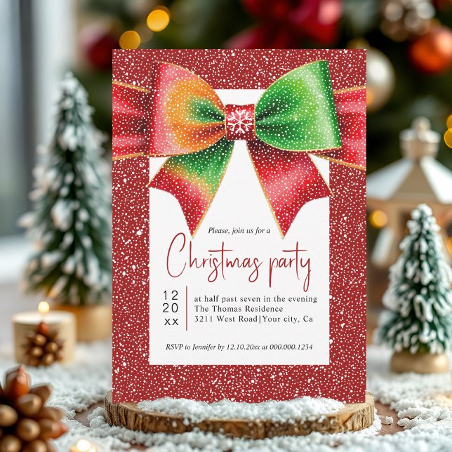 Invitation Christmas red and green bow and snowflakes party (Créateur téléchargé)
