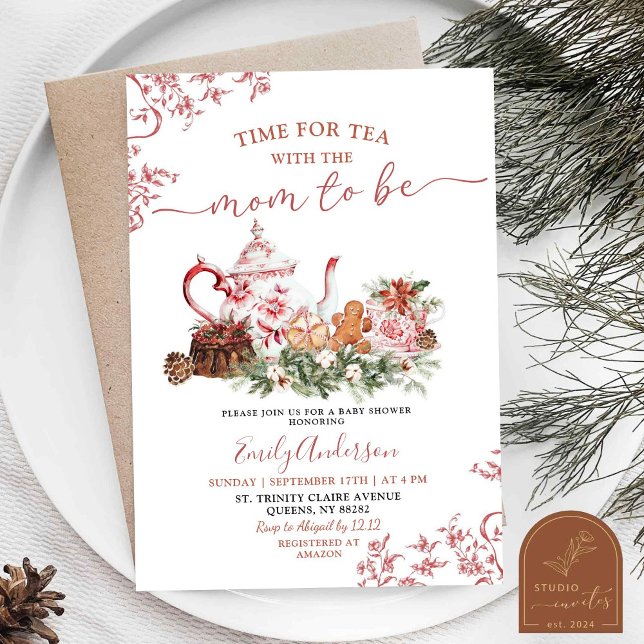 Invitation Christmas Red Chinoiserie Tea Party Baby Shower (Créateur téléchargé)