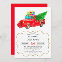 Christmas red truck with a Christmas tree and veni