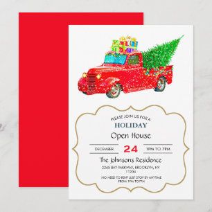 Invitation Christmas red truck with a Christmas tree and veni