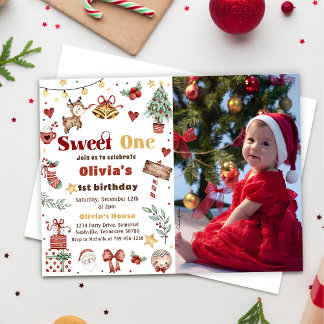 Invitation Christmas Reindeer Sweet One 1st Birthday Photo