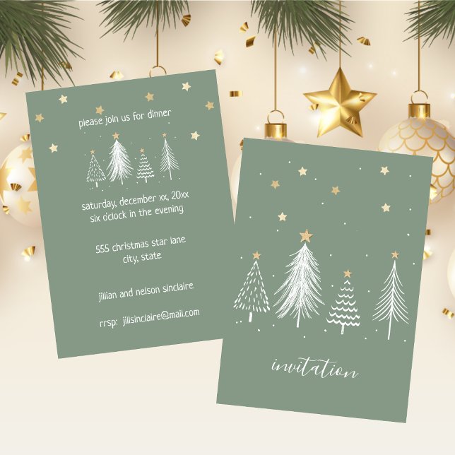 Invitation Christmas Stars Gold et Green Party (Christmas Stars Gold and Green Party Invitation)