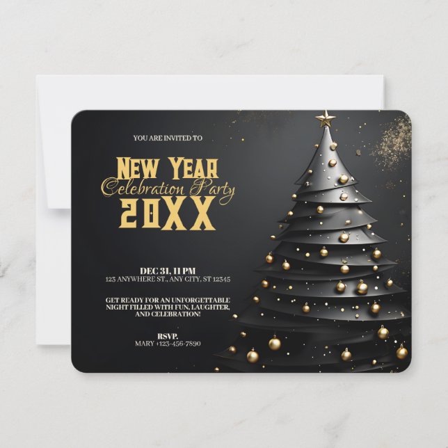 Invitation Christmas Tree and Gold Ornaments Modern New Year (Devant)