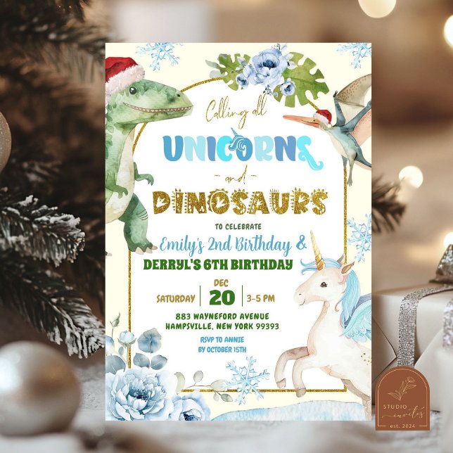 Invitation Christmas Unicorns and Dinosaur Joint Birthday (Créateur téléchargé)