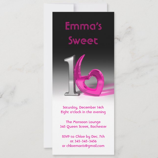 Invitation Chrome & Candy Pink Sweet 16 (haute) (Devant)