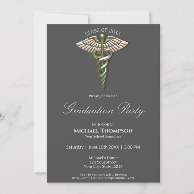 Invitation Chrome Holographique Caduceus Graduation Invitatio (Devant)