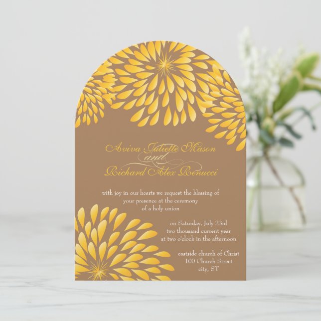 Invitation Chrysanthème floral moderne gris et jaune (Debout devant)