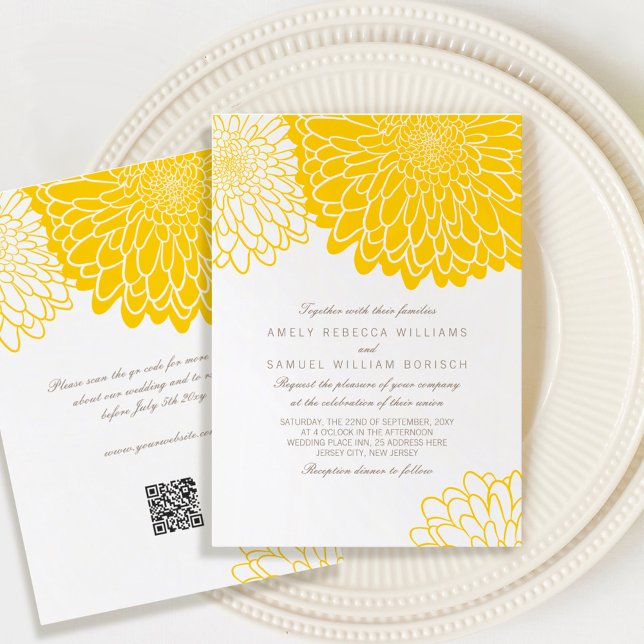 Invitation Chrysanthème jaune blanc Mariage QR RSVP simple (Créateur téléchargé)
