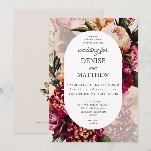 Invitation Chrysanthème romantique sur Cameo Mariage beige (Devant / Derrière)