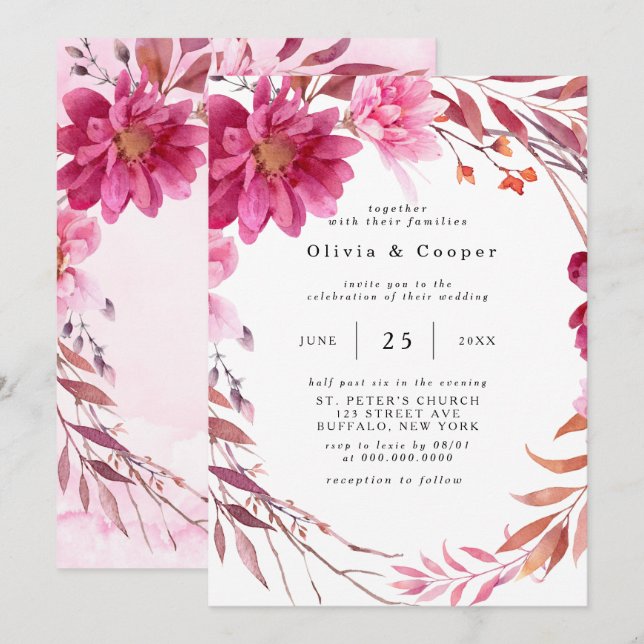 Invitation Chrysanthème rose chaud Mariage de couronne (Devant / Derrière)