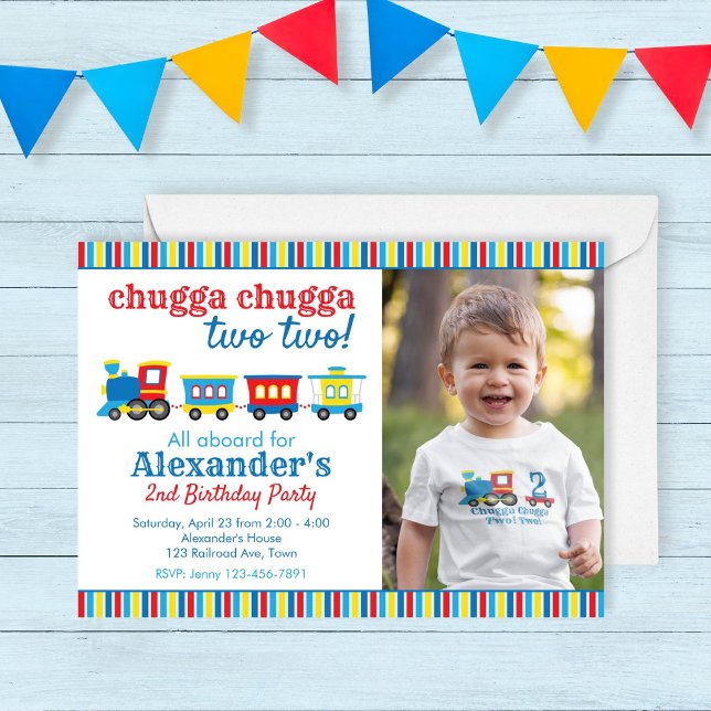 Invitation Chugga Chugga Deux Deux Train Anniversaire (chugga chugga two two! Invitation for a train birthday party for a two year old. primary colors)